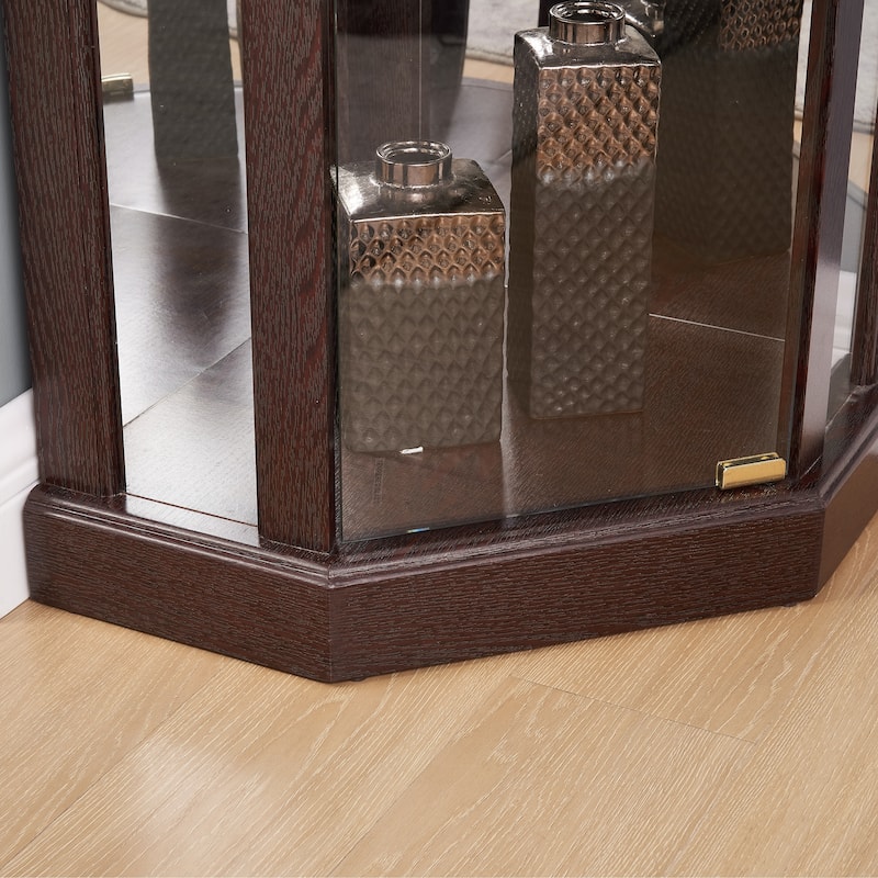 Lighted Curio Cabinet with Mirrored Back Pane, Wooden Corner Glass Cabinet, China Cabinet with Glass Door & Adjustable Shelves