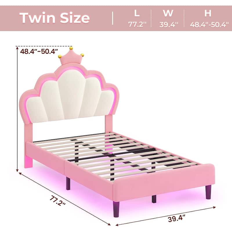 Bed Frame LED Lights Girls Bed Princess Crown Velvet Upholstered Platform Bed