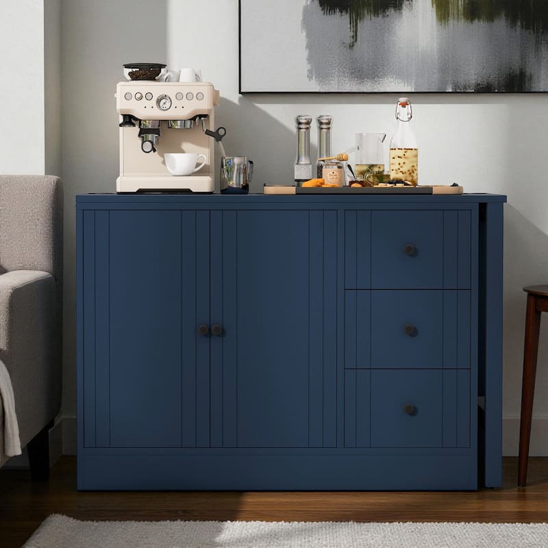 89.7" Wooden Sideboard Buffet Cabinet with Extendable Table, 2 Doors, 3 Drawers, Adjustable Shelf for Kitchen or Living Room - Navy Blue