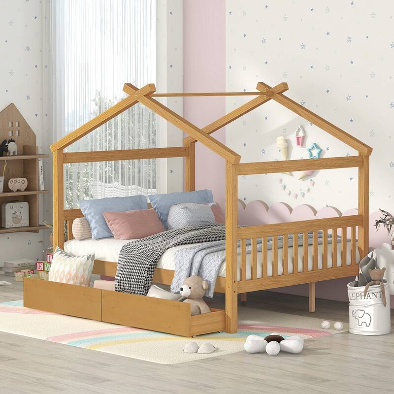 Full Size Wooden House Bed with Drawers, 79.5"L x 57.1"W x 63.1"H, Natural - Natural