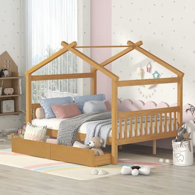 Full Size Wooden House Bed with Drawers, 79.5"L x 57.1"W x 63.1"H, Natural