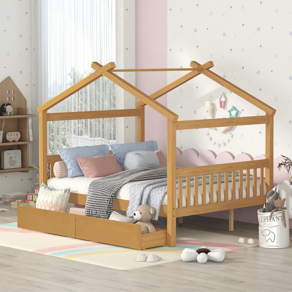 Full Size Wooden House Bed with Drawers, Natural Finish, Sturdy Pinewood Construction