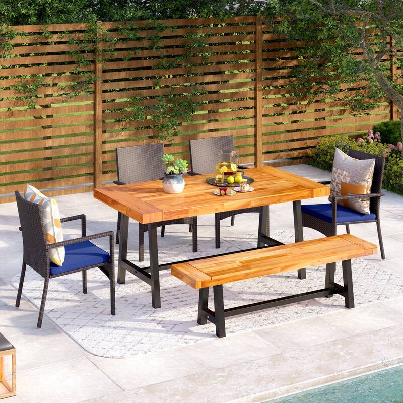 MAISON ARTS MAISON ARTS 6 Piece Outdoor Patio Dining Set,1 Acacia Wood Table & 4 Cushioned Rattan Chairs - Brown