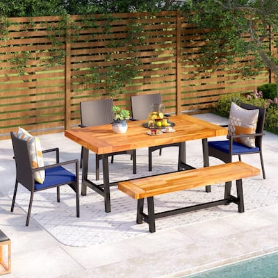 MAISON ARTS MAISON ARTS 6 Piece Outdoor Patio Dining Set,1 Acacia Wood Table & 4 Cushioned Rattan Chairs