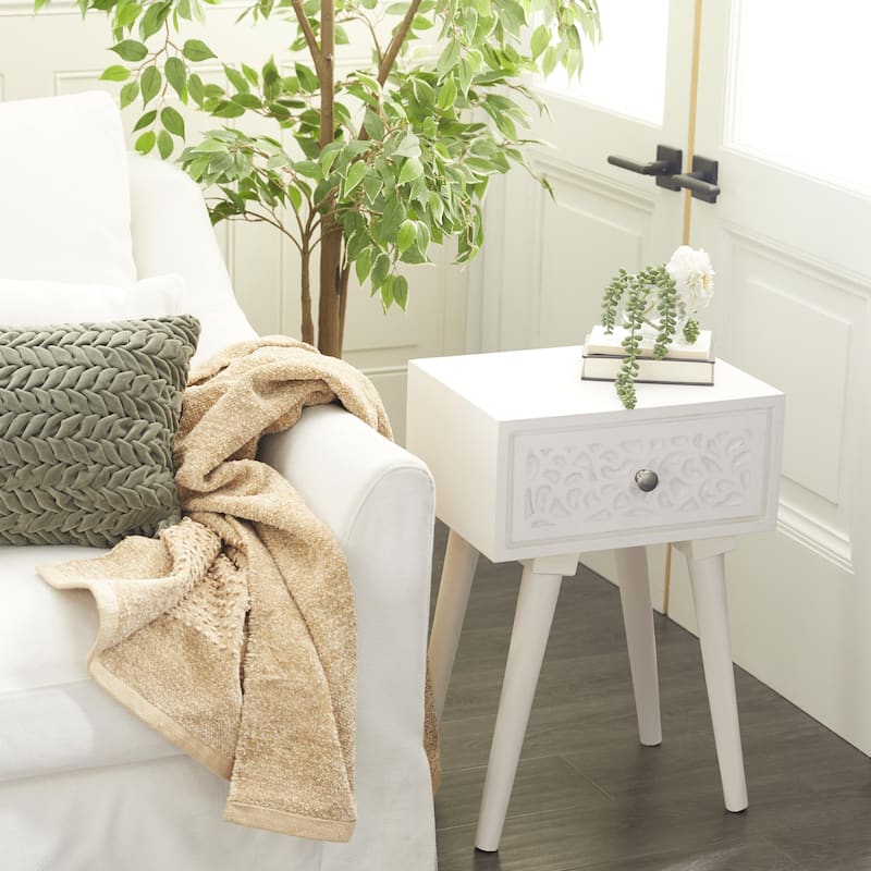 Mango Wood Scroll Intricately Carved Single Drawer Accent Table - White - Roche River Decor