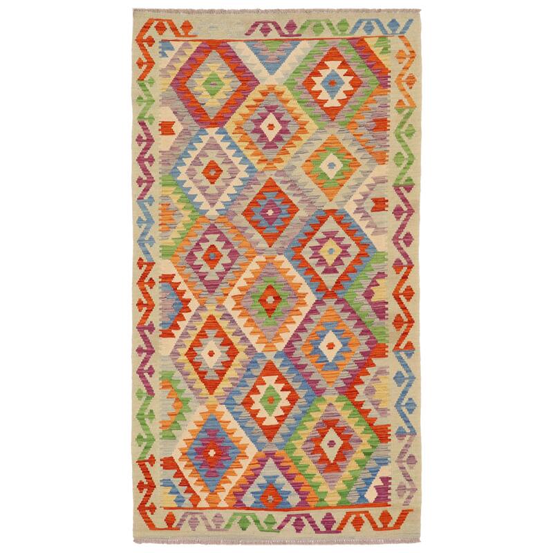 Bohemian Turkish Kilim Jalen Rust Blue Hand-Woven Wool Rug - 3'4'' x 6'5'' - 3'4'' x 6'5'' - Rust, Blue, Beige, Gray