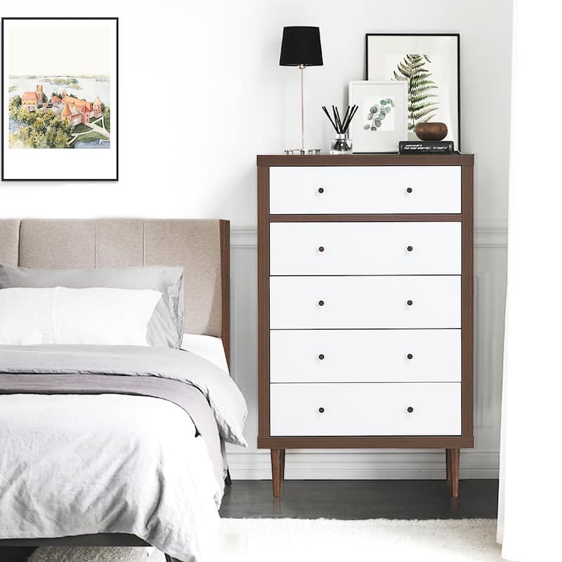 Costway 5 Drawer Dresser Wood Chest of Drawers Storage Freestanding