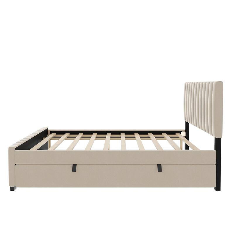 Full Size Bed Frame with Pull Out Twin Trundle Bed, Low Profile Velvet Upholstered Bed Platform Bed with Striped Headboard