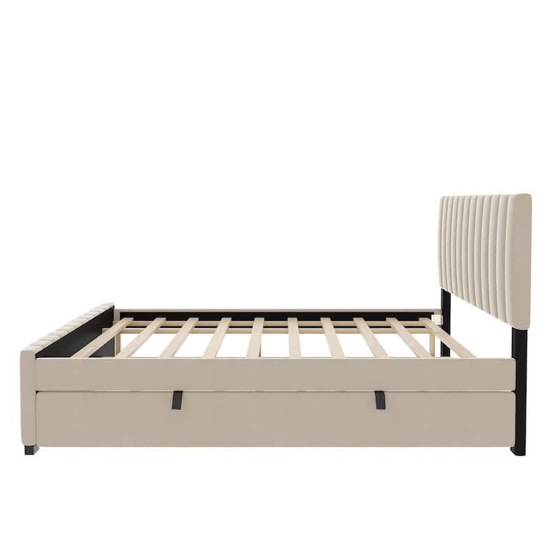 Full Size Platform Bed Stylish Velvet Upholstered Bed Frame with Headboard and Footboard & Pull Out Twin Size Trundle
