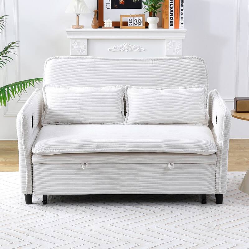 65.74-inch Beige Corduroy Multi-functional Sofa Bed with Adjustable Armrests and Backrests