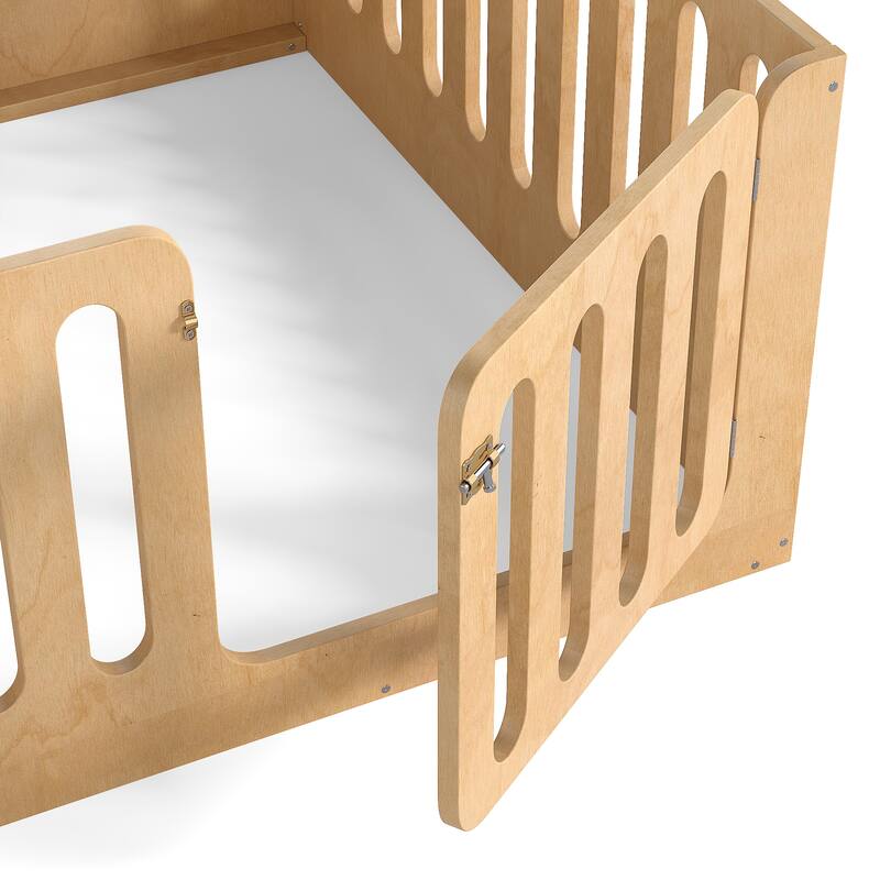 Toddlers Montessori Floor Bed with High Fence, Door, Low Profile Platform Bed Frame for Kids with No Box Spring Needed, No Slats