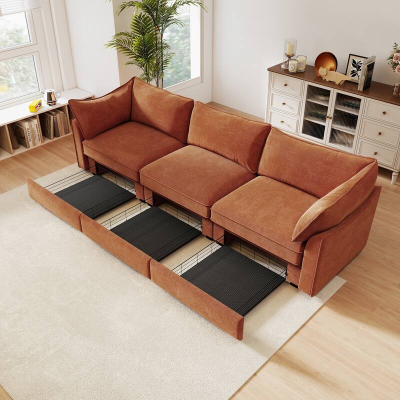 Rossetta 3-Seater Crescent Armrests Sofa with Pull-Out Storage Drawers and Wraparound Cushions in Classic Color Chenille