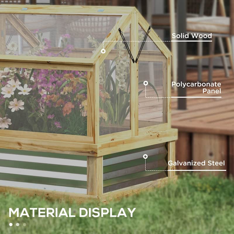 Outsunny Raised Garden Bed with Polycarbonate Greenhouse, Garden Wooden Cold Frame Greenhouse