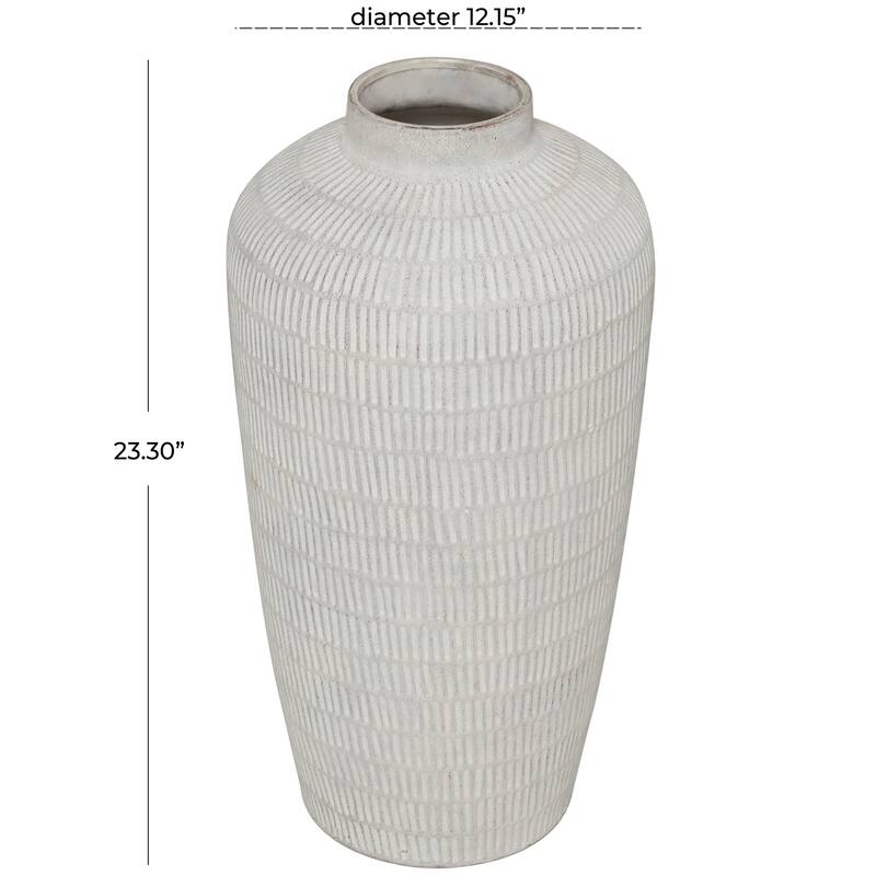 Cream Ceramic Textured Decorative Vase with Linear Pattern - 12"W, 23"H