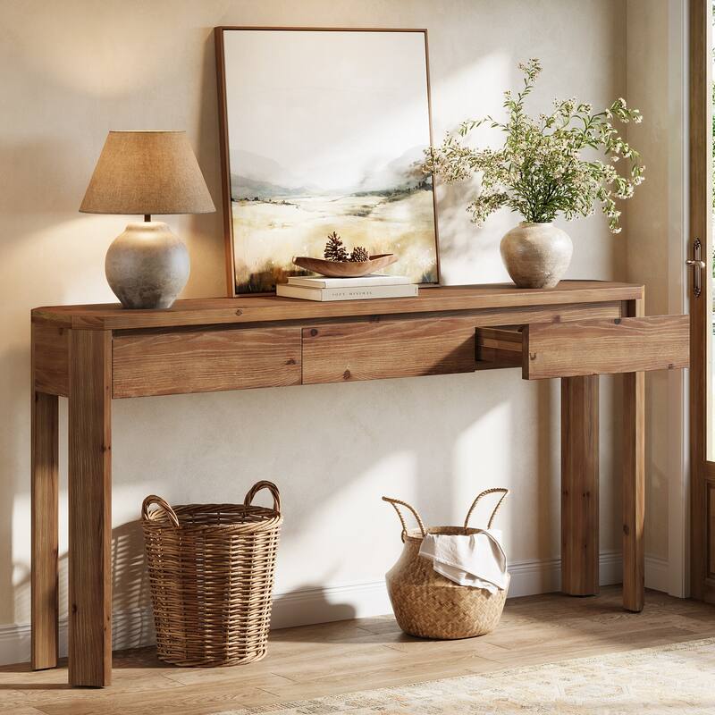 63 Inch Solid Wood Console Table with 3 Drawers, Sofa Table Behind the Couch, Farmhouse Style - 11.81" D x 62.99" W x 31.5" H