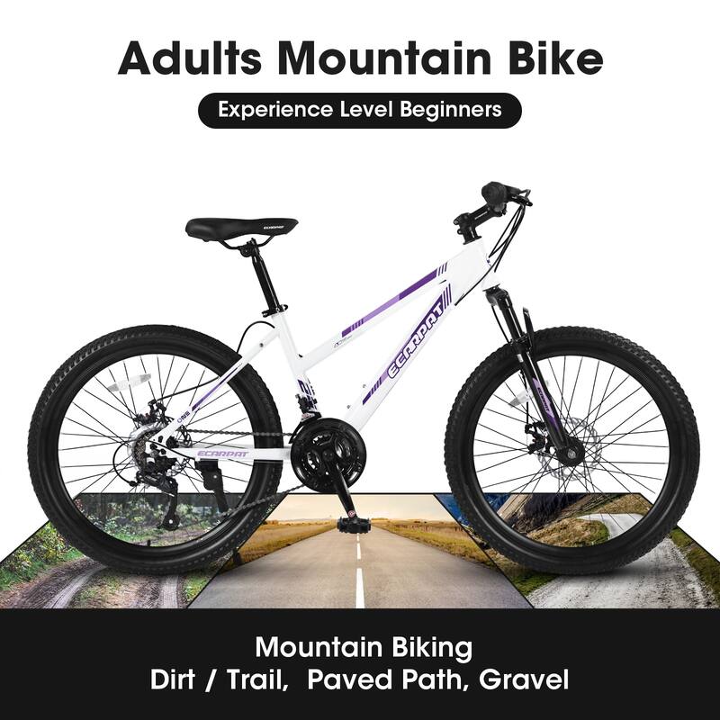 26 Inch Mountain Bike with 100mm Front Suspension 21 Speed Gears, Dual Disc Brakes for Trail and Urban - White