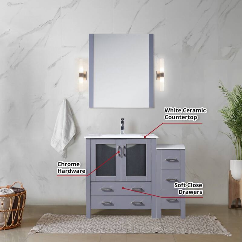 42" Navy Blue Bathroom Vanity with Side Cabinet, White Ceramic Countertop, Monte Faucet Set, and 28" Mirror