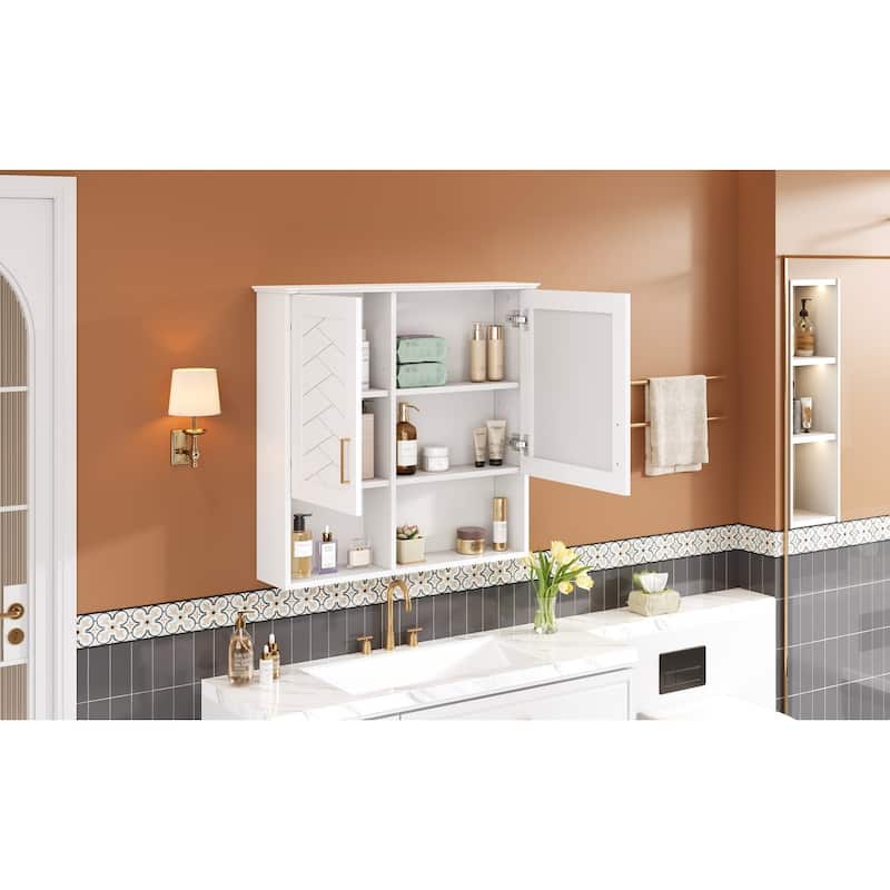 Rossetta Wall Mounted Elegant Sculpted Lines Pattern Bathroom High-Define Mirror Cabinet with Adjustable Shelves