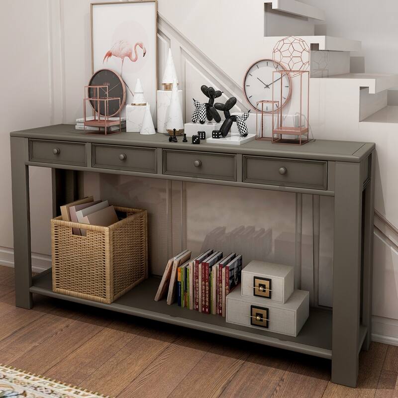 Console Tables, Narrow Sofa Table W/4 Drawers, Bottom Shelf, Solid Wood Frame And Legs Farmhouse Entryway Table Cabinet