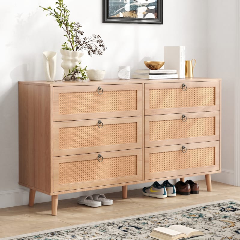 PE Rattan Double Dresser with 6 Drawers, Chest of Drawers Bedroom Storage Organizer