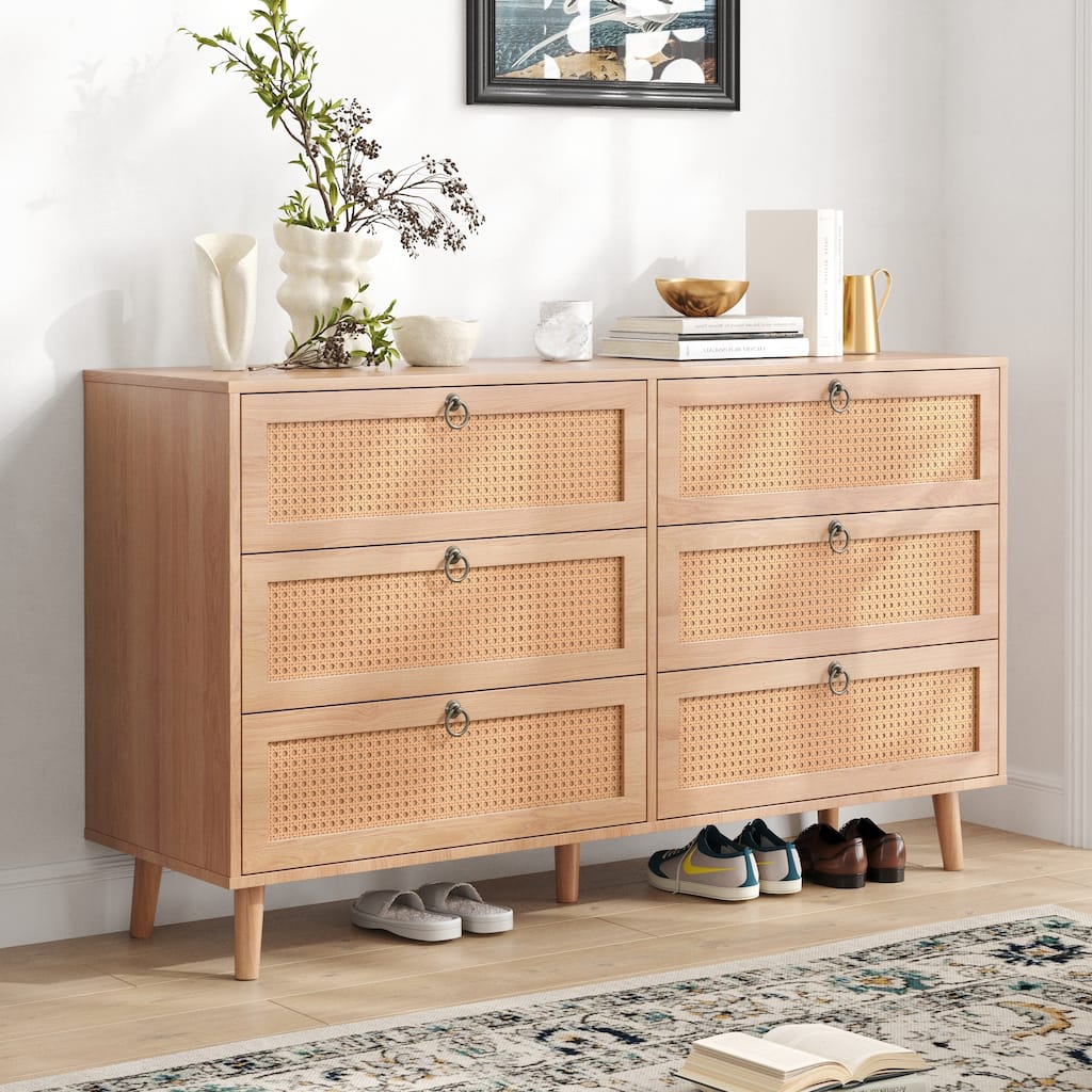 Rattan 6 Drawer Double Dresser for Bedroom, Chest of Dressers, Modern Dresser Drawer Chest