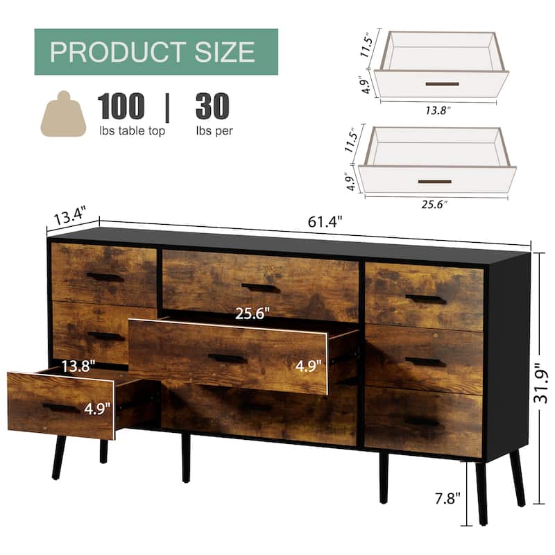 9 Drawers Chest Of Dresser Storage Cabinet Retro Organizer