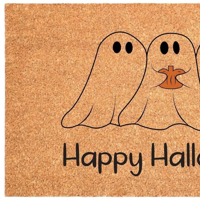 HomeRoots 17" X 29" Natural And Black Friendly Ghosts Happy Halloween Outdoor Coir Door Mat - 17.00' X '29.00