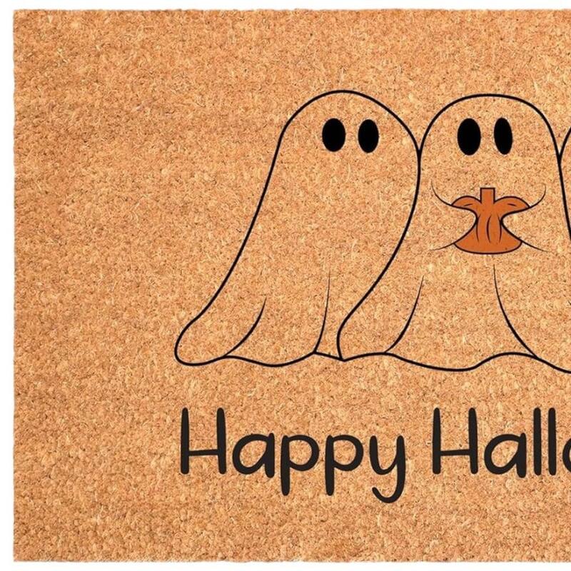 HomeRoots 24" X 36" Natural And Black Friendly Ghosts Happy Halloween Outdoor Coir Door Mat - 24.00' X '36.00