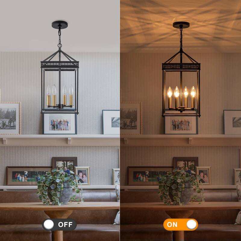 4-Light Industrial Black Square Cage Pendant Chandelier for Kitchen - Dia.9.84-in