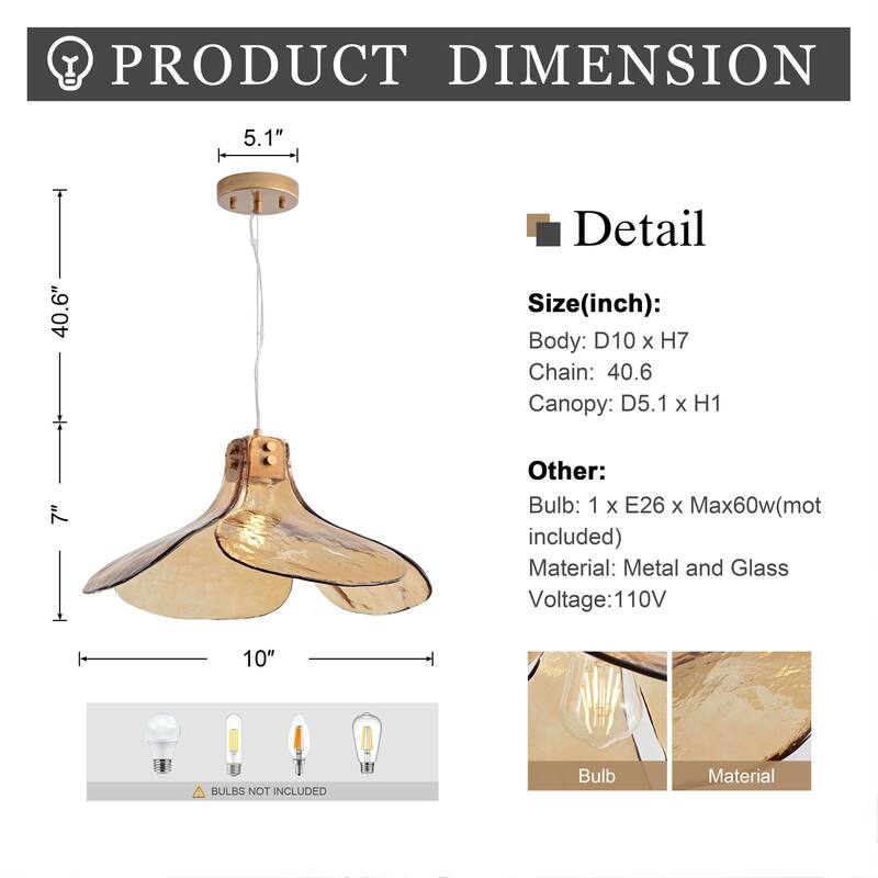 Mavis Single Light Four-leaf Amber Glass Pendant Light Chandelier. - Brushed Brass.