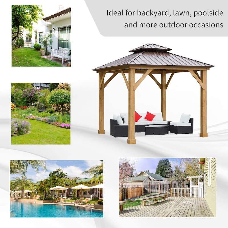 Outsunny 10' x 10' Hardtop Gazebo Canopy Patio Shelter Outdoor with Solid Wood Frame, Steel Double Tier Roof, Brown