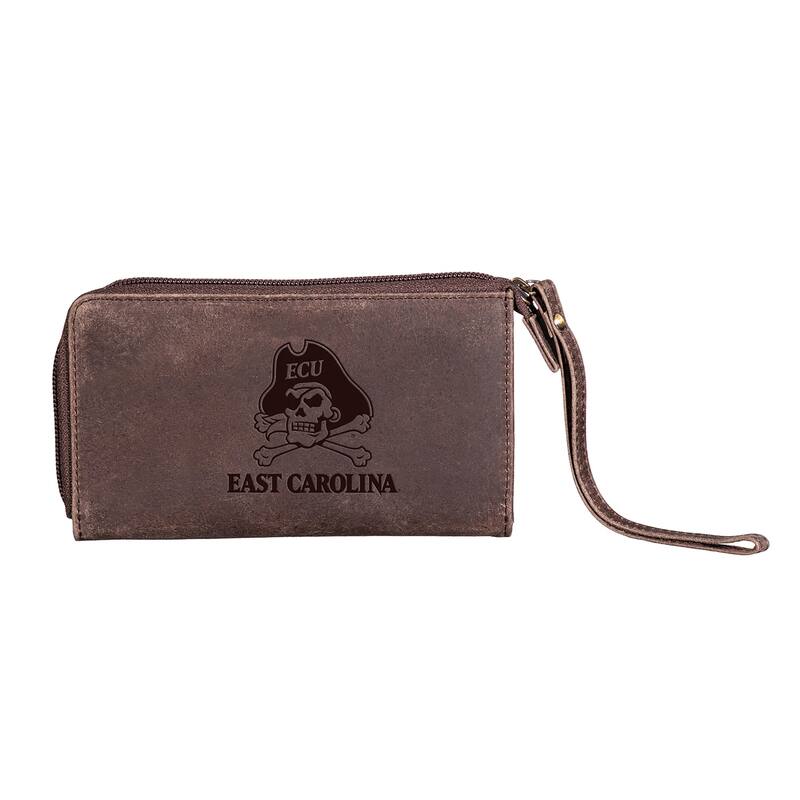 Brown Leather Cell Phone Wristlet Wallet, East Carolina University - 4" x 7"