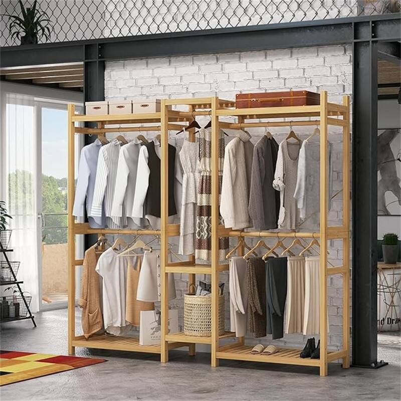 Bamboo Closet System Clothes Rack, Freestanding Garment Rack - 17.72"D x 70.47"W x 76.77"H