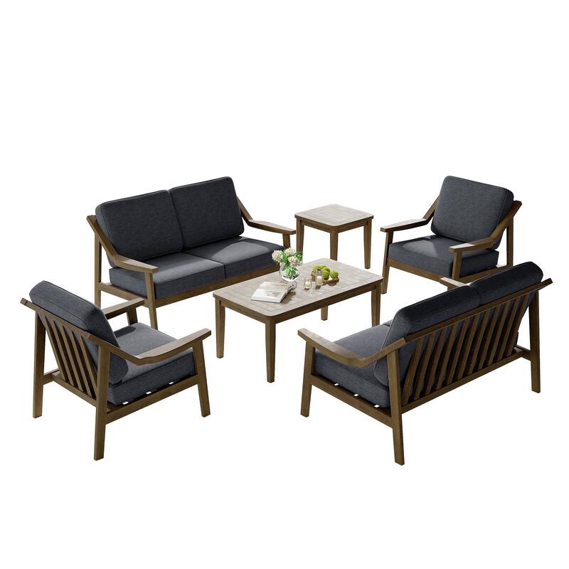 6-piece Wood Patio Chat Set Teak Conversation Set with Cushion