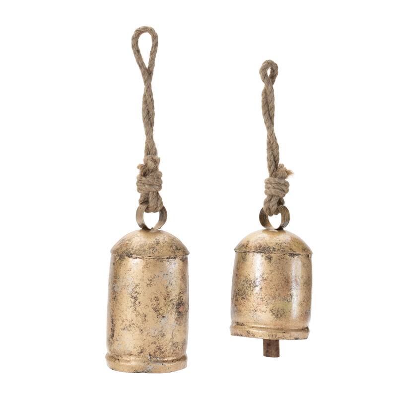 Set of 2 Distressed Gold Iron Bell Ornaments with Wooden Clapper for Farmhouse Holiday Decor - 3.25”L x 3.25”W x 6.5”H
