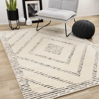 Teagan Collection - Cream Black Striped Diamond Area Rug
