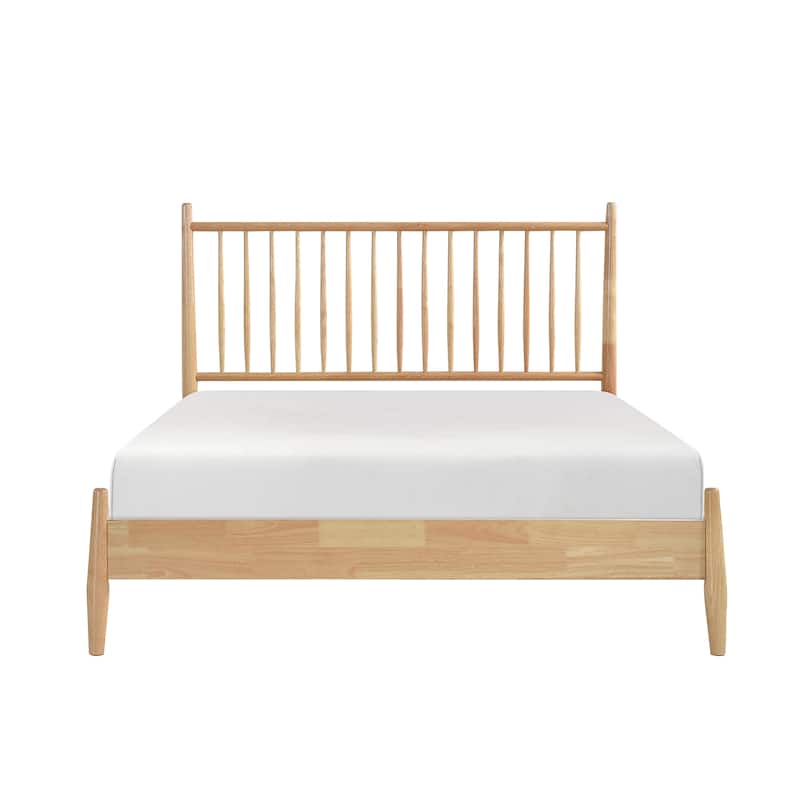 Mid-Century Modern Queen Platform Bed with Vertical Slats Headboard, Natural Finish Wooden Bedroom Furniture - Natural