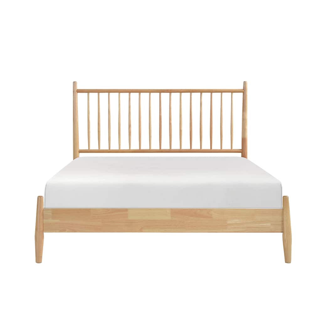 Mid-Century Modern Queen Platform Bed with Vertical Slats Headboard, Natural Finish Wooden Bedroom Furniture