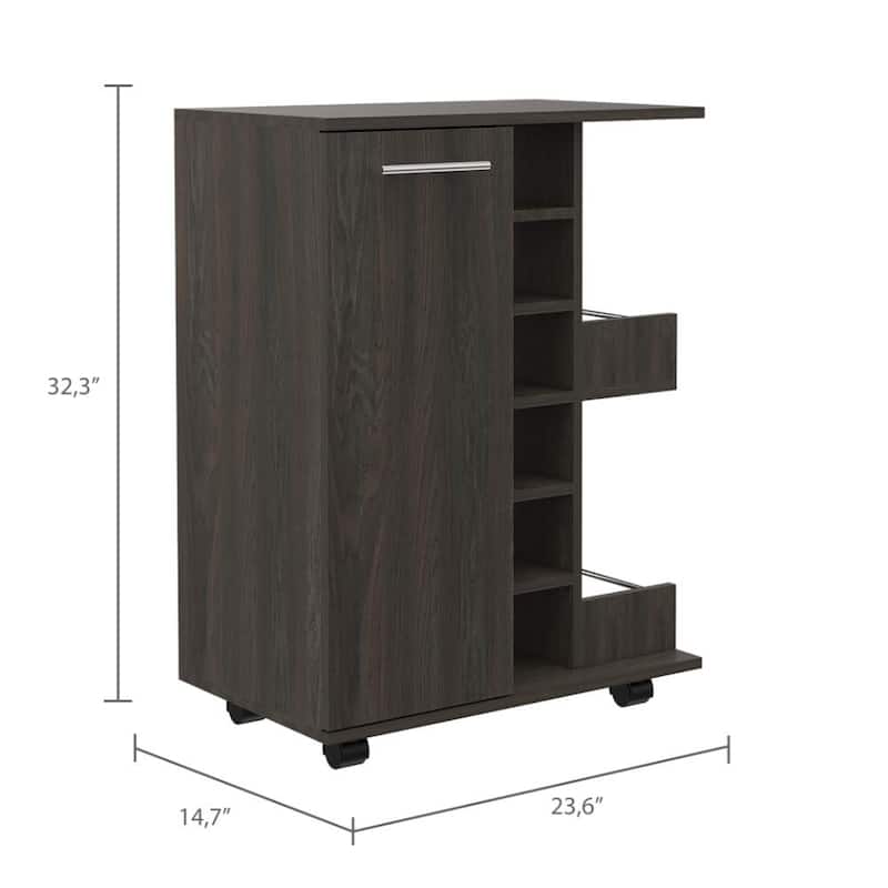 TUHOME Bar Cart, Two External Shelves, Four Casters, Six Built-in Wine Rack and Single Door Cabinet - 23" W x14"D x 32"H
