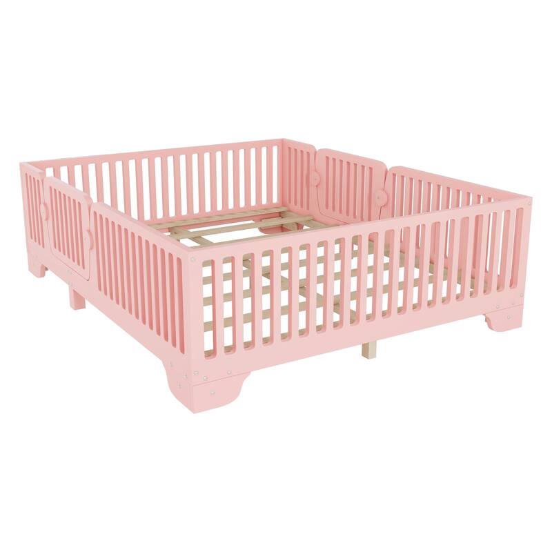 Montessori Floor Bed with Detachable Door, No Box Spring Needed, Kids Platform Bed with Slats and Fence