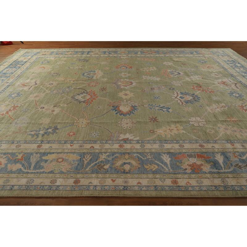 Hand Knotted Oriental 100% Wool Carpet Transitional All-Over Green Oushak Area Rug - 15' 1'' X 12' 2''