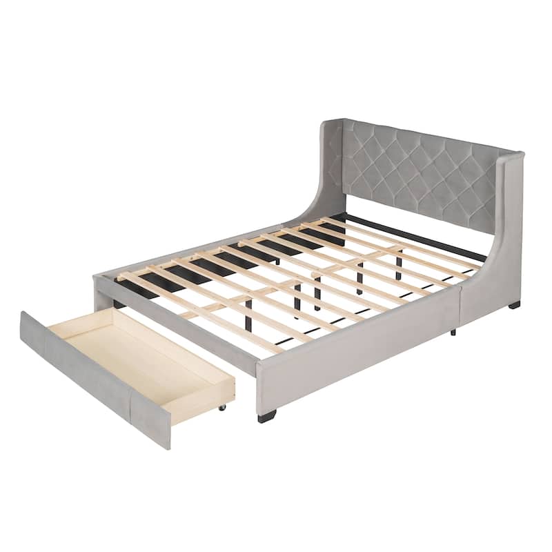 Elegant Queen Velvet Platform Bed with Drawer and Wingback Headboard, No Box Spring Needed