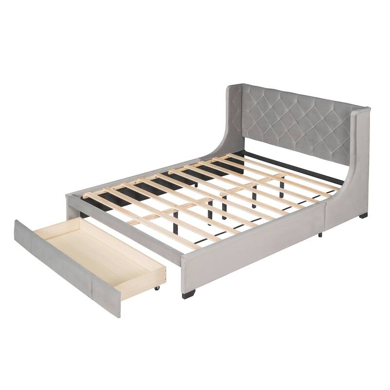 Velvet Upholstered Bed Platform Bed Frame Queen Size Wingback Bed with Tufted Headboard and Large Storage Drawer