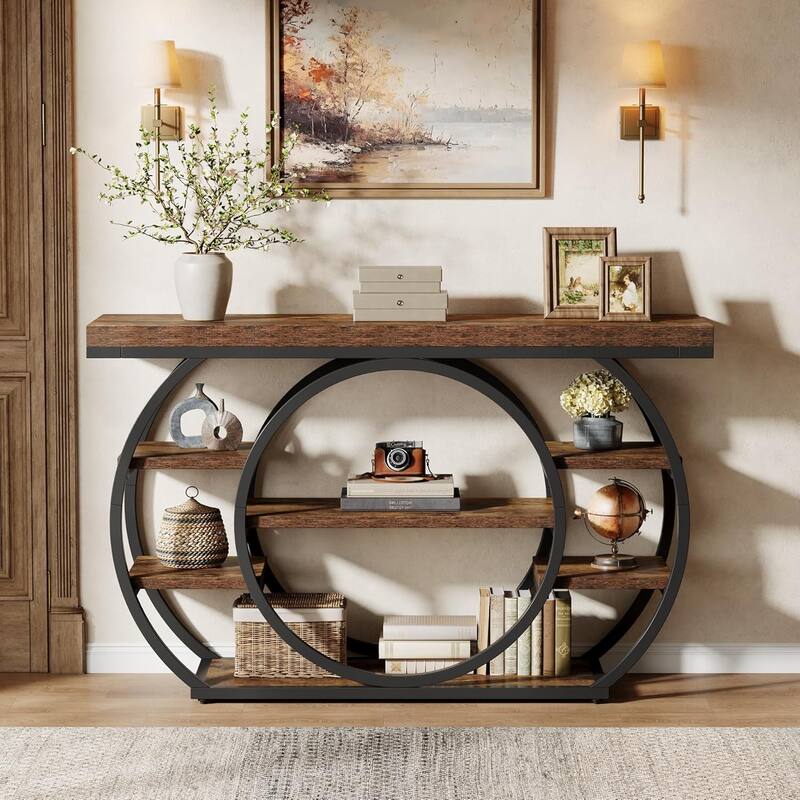 47 Inches Brown Engineered Wood Console Table, 5-Tier Industrial Entryway Table with Storage Shelves
