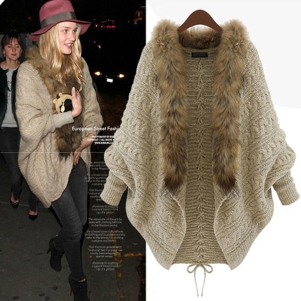 Womens Batwing Knitted Sweater Faux Collar Cardigan Coat