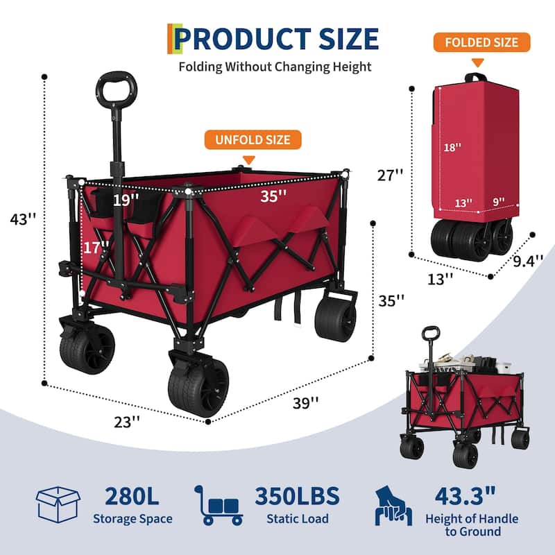Folding All Terrain Utility Wagon Cart with Wheels and Cup Holders