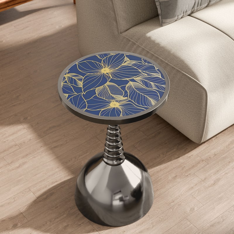 DH LUX Modern 16-inch Metal Round End Table with Pedestal Base by Denhour - Black with Floral Print