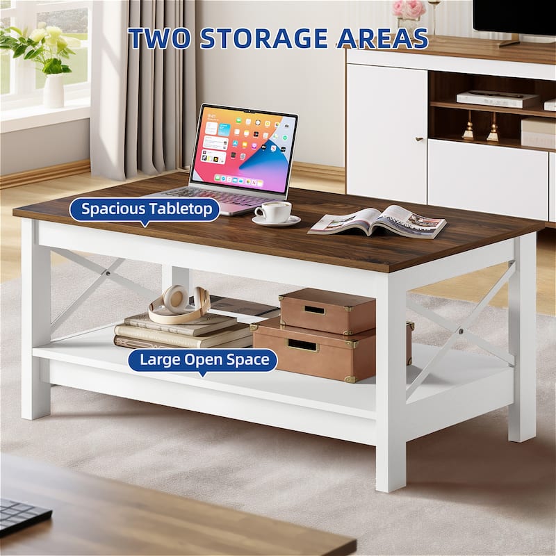 Moasis Farmhouse Coffee Table with Shelf, 2-Tier Center Table for Living Room