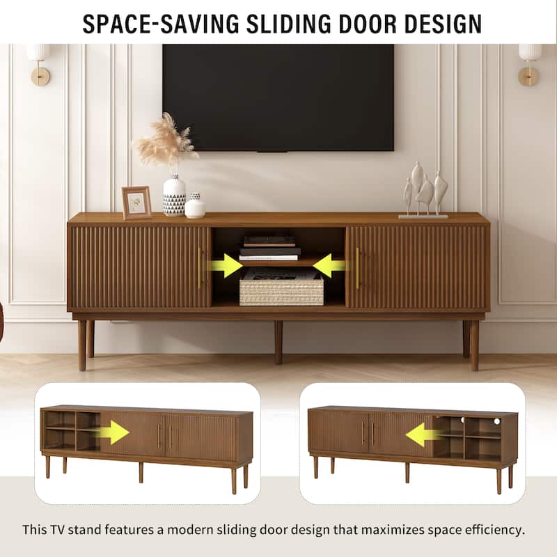 74.90" Wood TV Stand, Sliding Doors Media Cabinet with Gold Metal Handle, Media Console Table with Solid Wood Legs