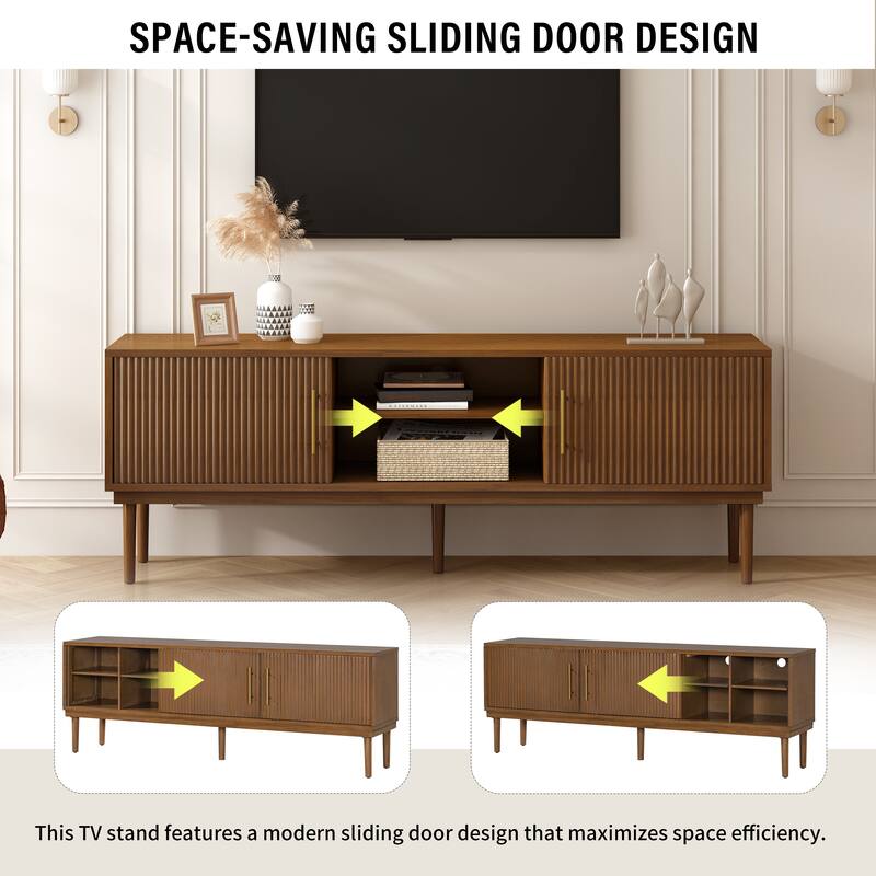 Stylish TV Stand with Vertical Striped Doors, Space-Saving Sliding Door Design, Sturdy Solid Wood Legs